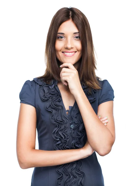 Hermosa mujer de negocios sonriente en vestido azul —  Fotos de Stock