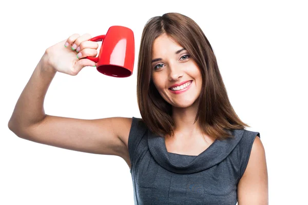 Beautiful young woman with red cup — Stock Photo, Image