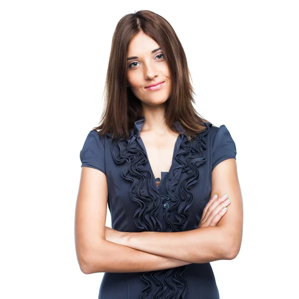 Hermosa mujer de negocios sonriente en vestido azul Fotos de stock libres de derechos