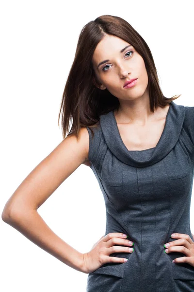 Hermosa mujer de negocios sonriente en vestido azul — Foto de Stock