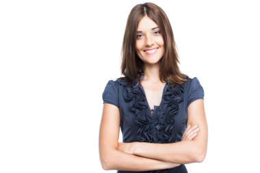 mavi elbiseli güzel gülümseyen iş kadını