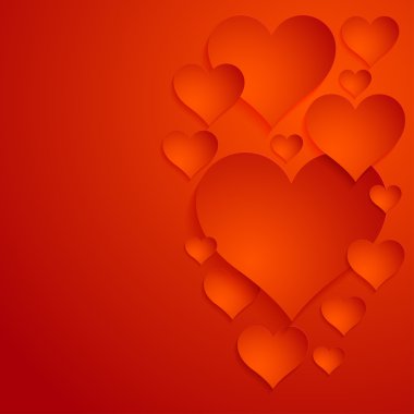 kırmızı zemin üzerine kırmızı kağıt kalpler. vektör çizim