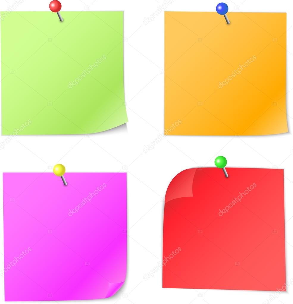Colorful notes with pin isolated on white