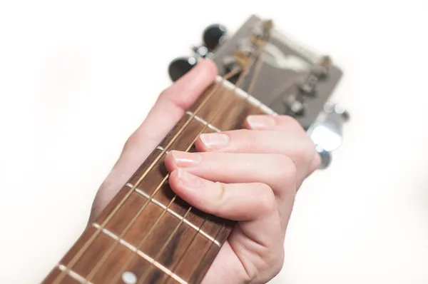 Close up of guitarist hand playing acoustic guitar — Stock Photo, Image