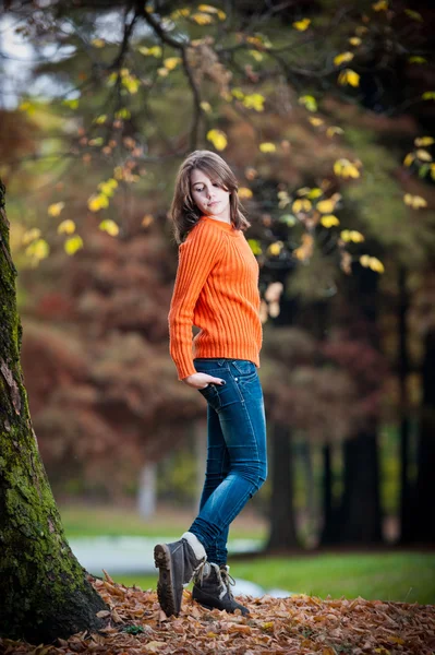 Retrato de menina bonita adolescente no parque de outono. Sorrindo retrato menina feliz, outono ao ar livre . — Fotografia de Stock