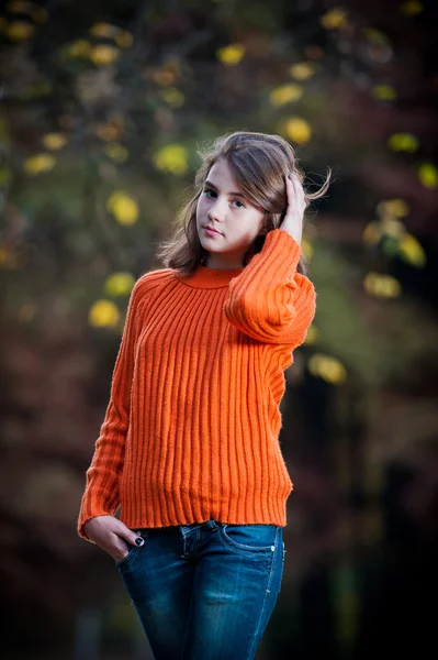 Całkiem teen dziewczyna w jesień park .smiling szczęśliwy dziewczyna portret, portret jesieni odkryty. — Zdjęcie stockowe