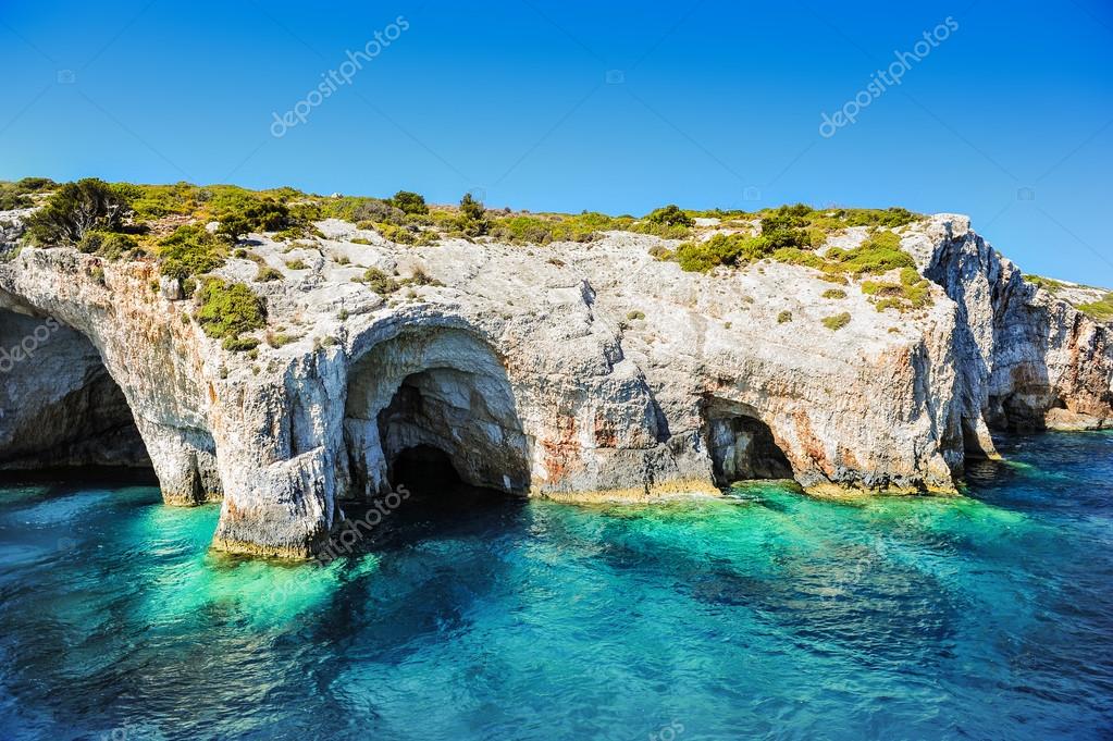 Blue caves on Zakynthos island, Greece .Famous caves with crystal clear