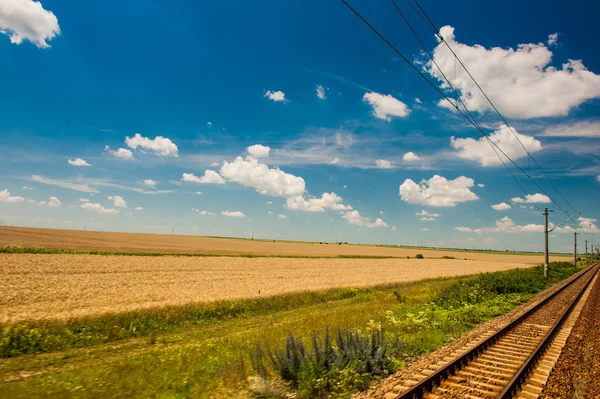 Railway goes to horizont in green and yellow landscape under blue sky with white clouds.railway under cloudy sky.Scenic railroad in rural area in summer and blue sky with white clouds. — Stock Photo, Image