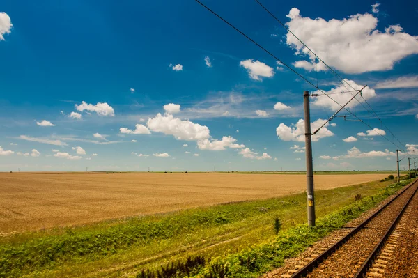 Ferrovia va all'orizzonte nel paesaggio verde e giallo sotto cielo blu con nuvole bianche.Ferrovia sotto cielo nuvoloso.Ferrovia panoramica in zona rurale in estate e cielo blu con nuvole bianche . — Foto Stock