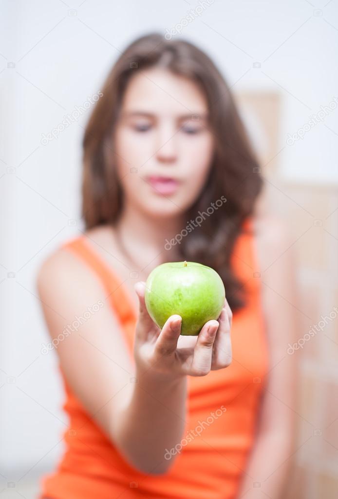 Fresh Teen Part - 31: Teen Girl Holding A Beautiful, Fresh Green Apple Indoor, Selective Focus On Apple.