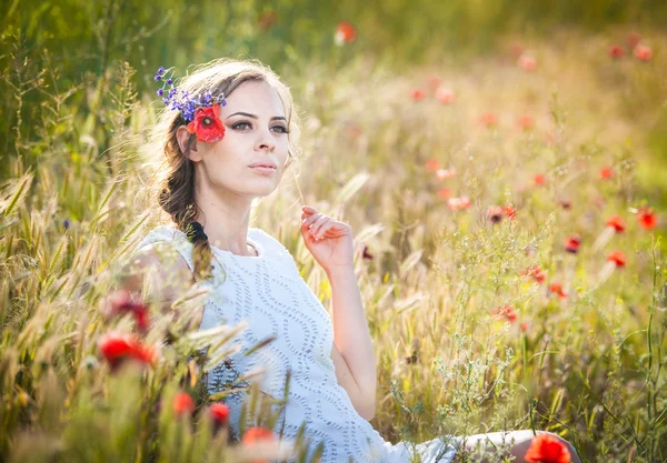 Genç kız vahşi flowers.beautiful kadın zevk papatya alan, çelenk ile altın buğday field.portrait güzel sarışın kızın güzel kızın rahatlatıcı açık, uyum kavramı — Stok fotoğraf