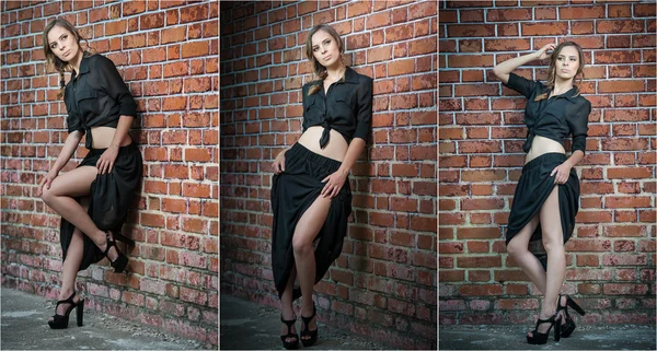 Charming young brunette woman in black dress and high heels near the brick wall.Sexy gorgeous young woman near old wall.Full length portrait of a cute woman with long hair near a brick wall — Stock Photo, Image