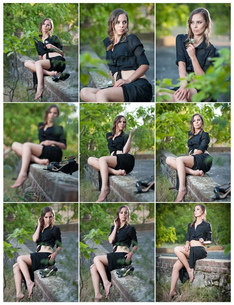 Charming young brunette woman in black dress and high heels sitting on brick wall.Sexy gorgeous young woman with long legs relaxing.Full length portrait of a woman with long hair and black shirt — Stock Photo, Image