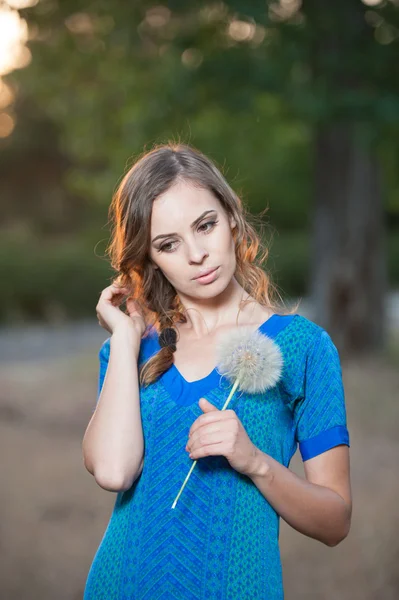 Porträt einer brünetten jungen Frau in blauem Kleid mit einem großen Löwenzahn vor dem Hintergrund eines warmen Sonnenuntergangs. Sommer, Outdoor.beautiful Mädchen mit Löwenzahn genießen die Sommersonne im Freien im Park — Stockfoto