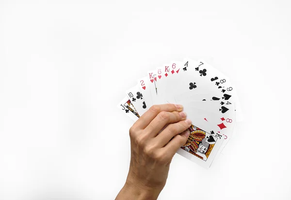 포커 카드 흰색 배경에 고립 된 인간의 손 — 스톡 사진