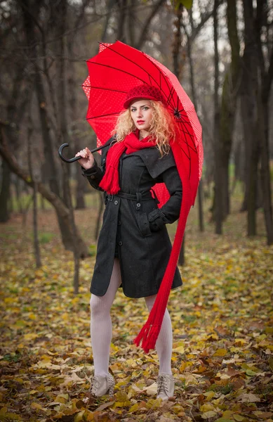 Attraente giovane donna in un servizio fotografico di moda autunno. Bella ragazza alla moda con ombrello rosso, berretto rosso e sciarpa rossa nel parco . — Foto Stock