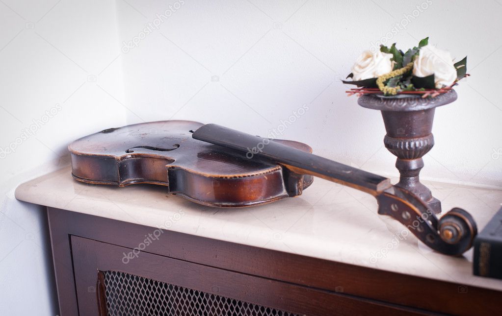 Old violin near vase with roses