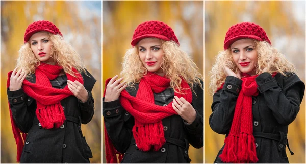 Attraente giovane donna in un servizio fotografico di moda autunno. Bella ragazza alla moda con berretto rosso e sciarpa rossa nel parco. Donne bionde con accessori rossi in posa all'aperto. Bella ragazza dai capelli biondi — Foto Stock