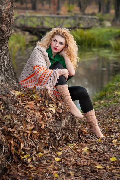 Belle femme posant dans le parc pendant la saison d'automne. Blonde fille portant une blouse verte et un gros châle posant en plein air. Longue fille aux cheveux clairs avec pull vert sous un châle relaxant dans le parc automnal . — Photo