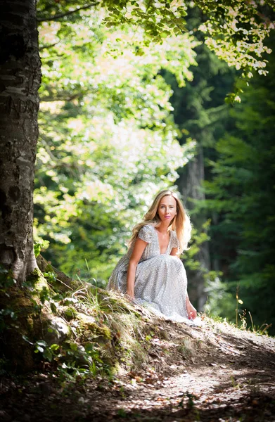 Krásná mladá dáma, elegantní bílé šaty líbí paprsek nebeského světla na její tvář v lese okouzlen. hezká blondýnka víla dáma s bílými šaty. okouzlující princezna v lese — Stock fotografie
