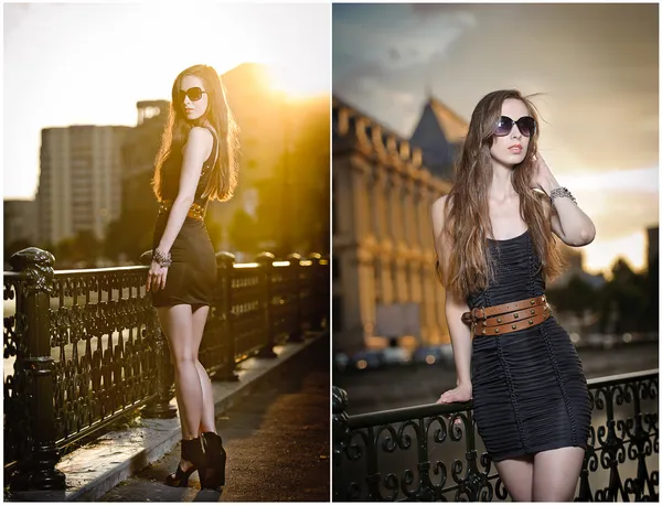 Modelo de moda en la calle con gafas de sol y vestido corto negro. Chica de moda con piernas largas posando en la calle. Retrato urbano de alta moda de modelo joven, delgado y hermoso. — Foto de Stock