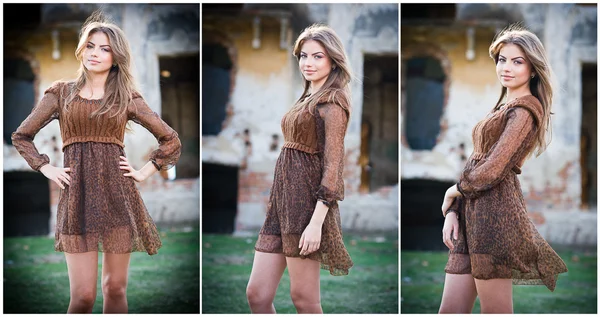 Pretty young woman posing in front of the farm. Very attractive blonde girl with brown short dress. Romantic young woman posing outdoor in the field. Fashionable young model in front of a brick wall — Stock Photo, Image