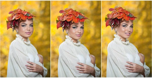 Mujer de otoño. Hermoso maquillaje creativo y estilo de pelo en la sesión al aire libre .Beauty Fashion Model Girl con maquillaje otoñal y estilo de pelo. Caída. Maquillaje creativo de otoño. Hermosa chica de moda —  Fotos de Stock