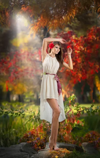 Retrato de una bella dama en el bosque. Chica con aspecto de hada en rodaje otoñal. Chica con maquillaje otoñal y peinado. Mujeres románticas con vestido blanco corto y flor roja en su cabello — Foto de Stock