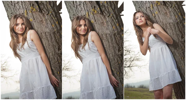 Mujer joven y bonita posando sobre un árbol. Chica rubia muy atractiva con blanco corto al aire libre en una colina. Romántica joven posando al aire libre en el campo — Foto de Stock