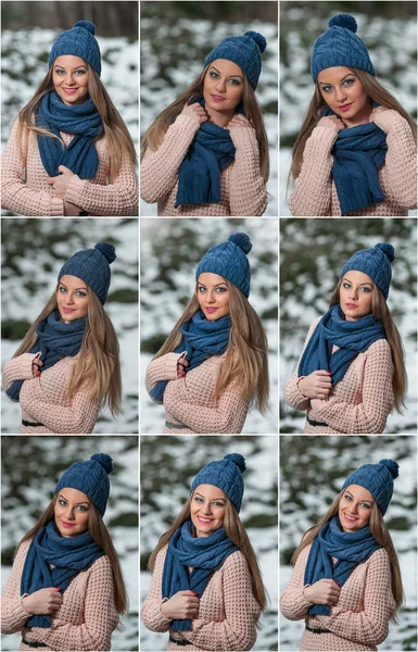 Ganska ung kvinna i en vinter mode skott. vintern vild tjej på snö. vintern tjej med vackra make up, snöflingor på skogen bakgrund. porträtt av attraktiv blond tjej - utomhus skott — Stockfoto