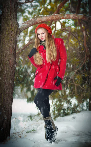 Attraente ragazza bionda con guanti, cappotto rosso e cappello rosso in posa neve inverno.Bellezza donna nel paesaggio inverno.Giovane donna in inverno all'aperto — Foto Stock