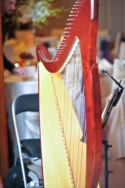 Classic harp in restaurant. Part of musical instrument called harp with restaurant tables in background — Stock Photo, Image