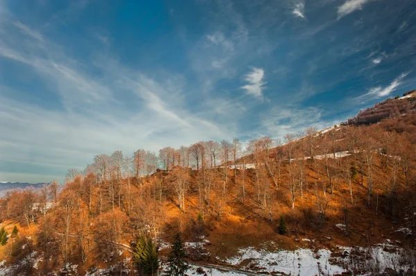 Majestic sunset in the mountains landscape. Sunset landscape in Carpathian mountains. Dawn in mountains Carpathians, Romania. Mountains covered with snow — Stock Photo, Image