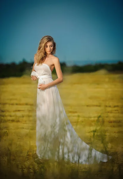 Mulher nova com vestido branco longo que está em um campo de trigo. Retrato de menina ao ar livre. Jovem romântica posando no céu azul limpo. Mulher atraente em vestido branco no campo de trigo amarelo ao nascer do sol . — Fotografia de Stock