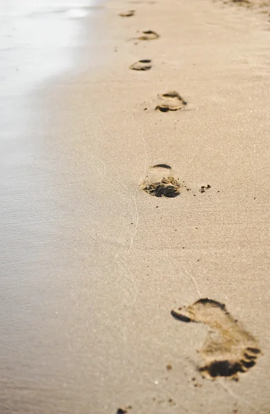 Plaj kum üzerinde insan ayak izleri. Bir erkek veya bir kadın, sahilde izler. Ayak sesleri sahilde yaz deniz — Stok fotoğraf