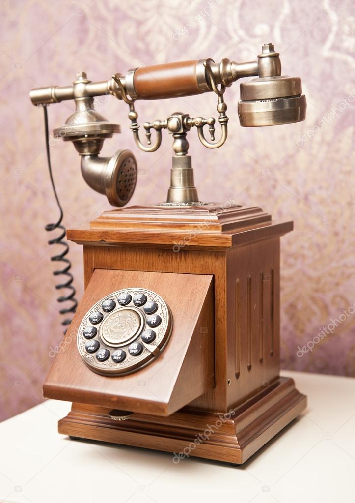 Old Wooden Phone Vintage Telephone On White Table Retro Old Wooden Phone Vintage Telephone On White Table Retro Stock
