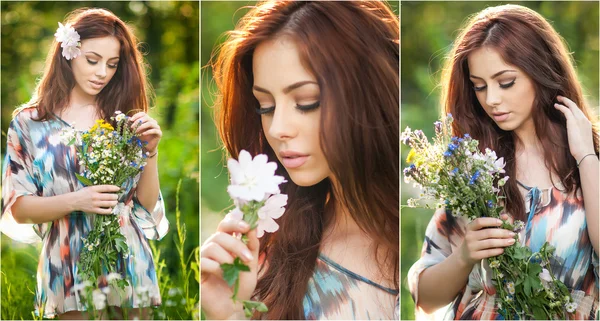 Unga vackra röda hår kvinna med en vilda blommor bukett i en solig dag. porträtt av attraktiva långt hår kvinna med blommor i håret, utomhus skott. söt flicka njuter av naturen i sommar — Stockfoto