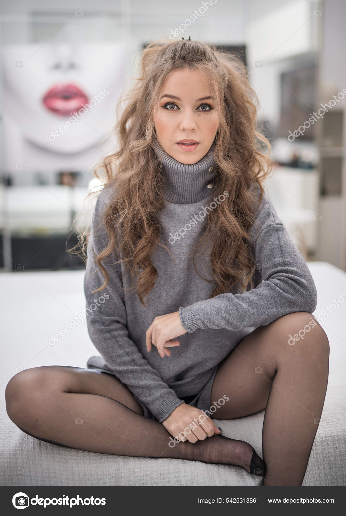 young in pantyhose Attractive Woman Black Pantyhose Long Curly Hair Posing Challenging Bed —  Stock Photo © iancucristi #542531386