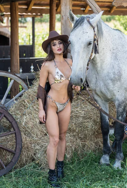 Sensual Brunette Woman Sexy Country Look Horse Portrait Girl Brow — Stok fotoğraf