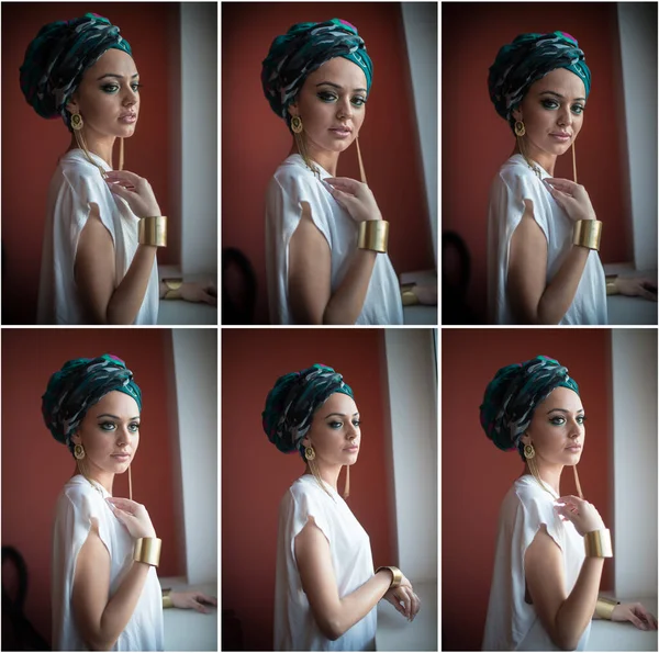Hermosa Mujer Turbante Joven Hermosa Mujer Con Turbante Accesorios Dorados —  Fotos de Stock