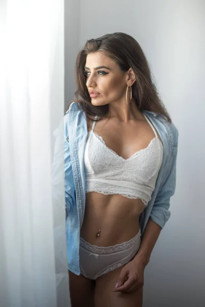 Attractive Sexy Brunette White Lingerie Denim Shirt Posing Provocatively Grey — Stock Photo, Image