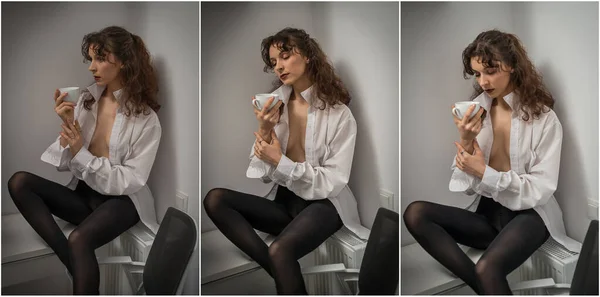 Aantrekkelijk Sexy Brunette Wit Shirt Met Een Kopje Zijn Hand — Stockfoto