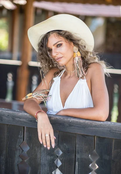 Beautiful Blonde Woman Curly Hair Cowboy Hat Portrait Girl White — Stock Photo, Image