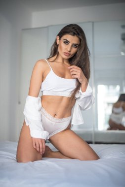 Beyaz iç çamaşırlı çekici, seksi esmer, kışkırtıcı bir şekilde poz veriyor, bir aynanın yanında, stüdyo çekimi. Yatakta beyaz sütyenli, uzun saçlı, klasik yatak odasında şehvetli bir kadının portresi..