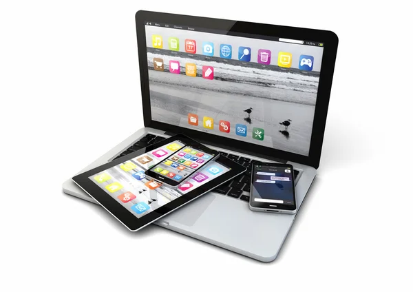 Ordinateur portable, téléphones intelligents et tablette PC — Photo