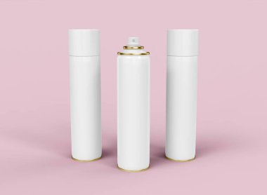 Pembe arka planda üç Aerosol püskürtme kutusu. 3d Hazırlama
