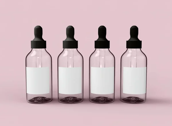 Bottiglie Trasparenti Dropper Sfondo Rosa Rendering — Foto Stock
