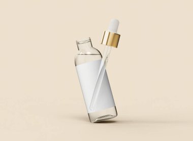 Bej arka planda yüzen bir şişe. 3d oluşturma