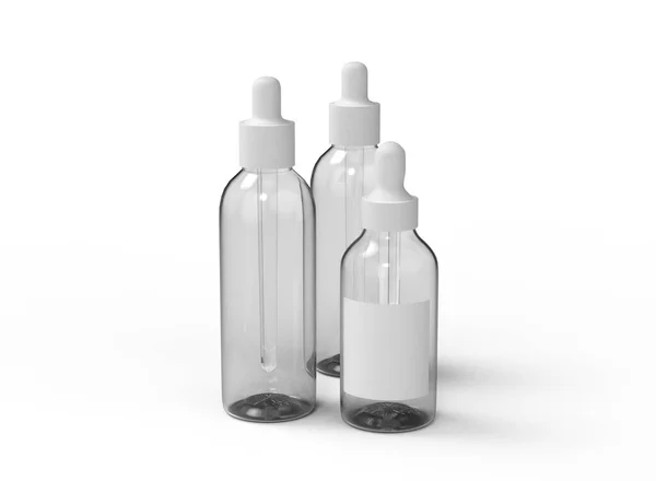 Τρία Γυάλινα Μπουκάλια Σταγονόμετρο Λευκό Φόντο Απομονωμένο Προϊόν Απόδοση — Φωτογραφία Αρχείου