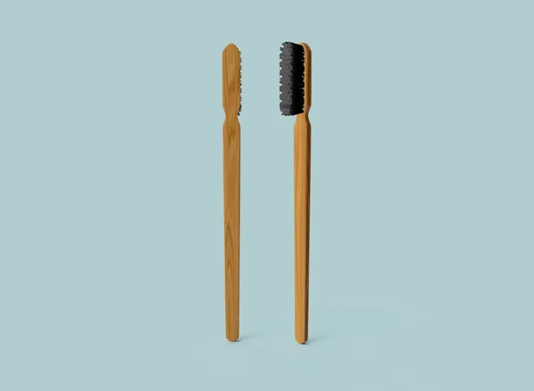 Front Back View Wooden Toothbrush Blue Background Rendering — Stock Photo, Image